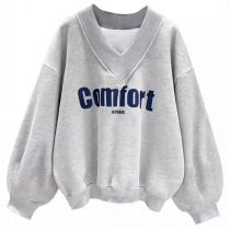 Casual Letter Printed V-neck Long Sleeve Sweatshirt
