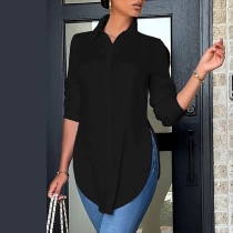 Fashion Stand Collar Long Sleeve Side Slit Blouse
