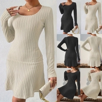 Fashion U-neck Long Sleeve Ribbed Dress