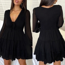Fashion Lace-up V-neck Long Sleeve Mini Dress