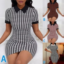 Fashion Polo-neck Short Sleeve Houndstooth Printed Bodycon Dress