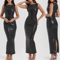 Fashion Crew Neck Sleeveless Back Slit Artificial Leather PU Bodycon Maxi Dress