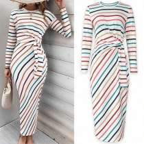 Fashion Colorful Stripe Printed Crew Neck Long Sleeve Self-tie Bodycon Dress