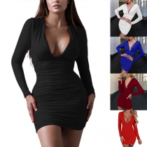 Sexy Plunge V-neck Long Sleeve Ruched Bodycon Dress