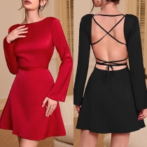 Sexy Round Neck Long Sleeve Criss-cross Backless Dress