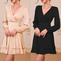 Elegant V-neck Long Sleeve High-rise Satin Dress
