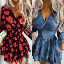 Fashion Floral Printed V-neck Smocked Waist Long Sleeve Mini Dress