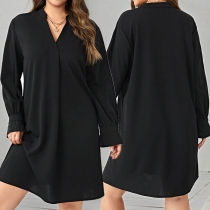 Fashion V-neck Long Sleeve Plus-size Dress