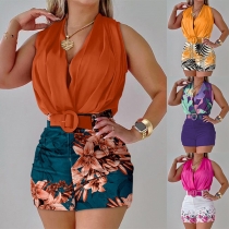 Fashion Two-piece Set Consist of Sleeveless Shirt and Printed Short without Belt