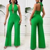 Fashion Halterneck Backless Wide-leg Ribbed Jumpsuit