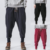 Casual Comfy Solid Color Drawstring Cotton and Linen Pants for Men