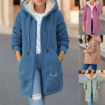 Fashion Letter Embroidery Long Sleeve Front Zipper Drawstring Hooded Plush Jacket