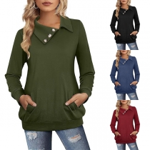 Fashion Lapel Neck Long Sleeve Side Pockets Sweatshirt