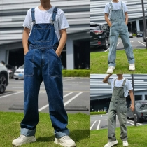 Vintage Patch Pockets Old-washed Suspender Denim Jumpsuit for Men