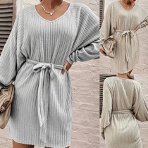 Casual V-neck Batwing Sleeve Self-tie Ribbed Dress