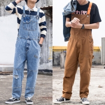 Vintage Front Patch Pockets Distressed Straight-cut Suspender Jumpsuit for Men