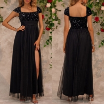 Fashion Sequined Square Neck Cap Sleeve Side Slit Party Dress