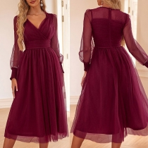 Fashion V-neck Lantern Long Sleeve High-rise Midi Dress