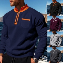 Fashion Contrast Color Mock Neck Patch Chest Pockets Long Sleeve Plush Sweatshirt for Men