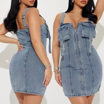Fashion Chest Patch Pockets Front Zipper Bodycon Suspender Denim Dress