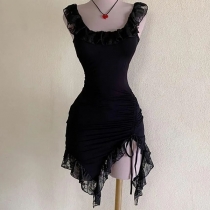 Sexy Ruffle Square Neck Sleeveless Side Drawstring Irregular Hemline Mini Dress