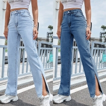 Fashion Straight-cut Side Slit Denim Pants