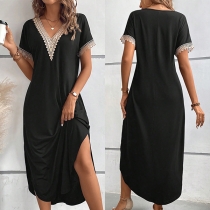 Fashion Lace Spliced V-neck Short Sleeve Side Slit Dress