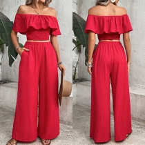 Fashion Two-piece Set Consist of Ruffle Off-the-shoulder Smocked Crop Top and Wide-leg Pants