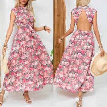 Fashion Floral Printed Halterneck Backless Side Cutout Maxi Dress