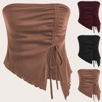 Sexy Off-the-shoulder Side Drawstring Slit Irregular Hemline Texture Crop Shirt