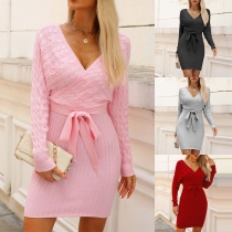 Fashion V-neck Long Sleeve Self-tie Knitted Sweater Dress