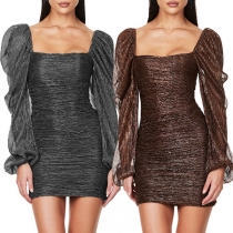 Fashion Square Neck Puff Long Sleeve Bodycon Party Dress