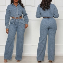 Fashion Denim Two-piece Set Consist of Crop Jacket and Straight-cut Pants