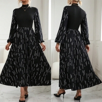 Fashion Contrast Color Printed Mock Neck Long Sleeve High-rise Midi Dress