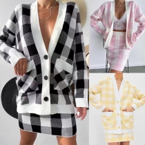 Fashion Plaid Two-piece Knitted Set Consist of Cardigan and Skirt