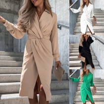 Fashion Solid Color V-neck Lantern Long Sleeve Bodycon Dress