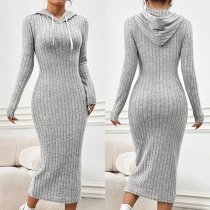 Fashion Solid Color Long Sleeve Drawstring Hooded Ribbed Dress
