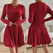 Fashion Solid Color Crew Neck Long Sleeve Ribbed Mini Dress