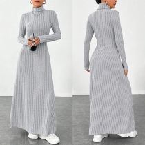 Fashion Turtleneck Long Sleeve Ribbed Maxi Dress