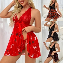 Fashion Elk Printed/Lip Printed Lace Spliced Two-piece Nightwear Set