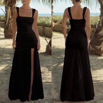 Sexy Square Neck Backless Ruched Side Slit Maxi Slip Dress