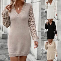 Fashion Hollow Out Long Sleeve V-neck Knitted Sweater Dress