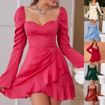 Elegant Sweetheart Neckline Long Sleeve Ruffle Irregular Hemline Mini Dress