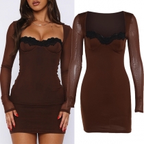 Sexy Lace Spliced Sweetheart Neckline Gauze Long Sleeve Bodycon Dress