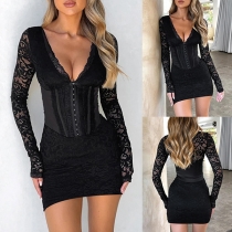 Sexy V-neck Cinch Waist Bodycon Jacquard Lace Dress