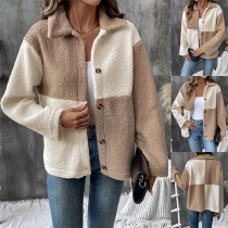 Fashion Contrast Color Block Stand Collar Long Sleeve Plush Jacket