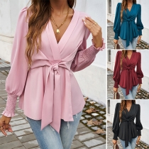 Fashion V-neck Long Sleeve Self-tie Ruffle Hemline Shirt