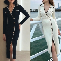Elegant Contrast Color Lapel V-neck Long Sleeve Button Slit Ribbed Bodycon Dress