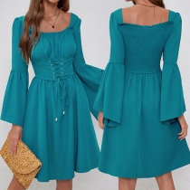 Vintage Square Neck Trumpet Long Sleeve Lace-up Cinch Waist Dress