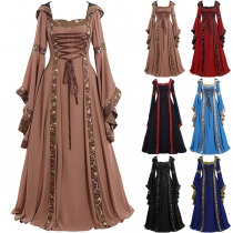 Medieval Vintage Hooded Dress with Square Nec and Lace-up Cinch Waist-Bell Sleeve Maxi Dress -for Holloween Custume and Cosplay Custome